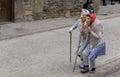 Couple of homemade costumes of old ladies during a rural carnival