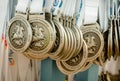 2016.09.25: IV Moscow Marathon. Medals for finishers of the race of 10 km. Royalty Free Stock Photo