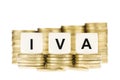 IVA (Value Added Tax) on Piles of Gold Coins with a White Background Royalty Free Stock Photo