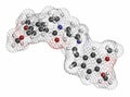 Ivabradine angina pectoris drug molecule. Atoms are represented as spheres with conventional color coding: hydrogen (white),