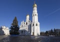 Ivan the Great Bell-Tower complex with New Year Christmas tree. Cathedral Square, Inside of Moscow Kremlin, Russia.