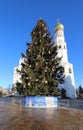 Ivan the Great Bell-Tower complex with New Year Christmas tree. Cathedral Square, Inside of Moscow Kremlin, Russia. Royalty Free Stock Photo