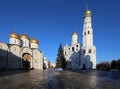 Ivan the Great Bell-Tower complex with New Year Christmas tree. Cathedral Square, Inside of Moscow Kremlin, Russia. Royalty Free Stock Photo