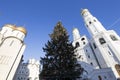 Ivan the Great Bell-Tower complex with New Year Christmas tree. Cathedral Square, Inside of Moscow Kremlin, Russia. Royalty Free Stock Photo