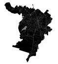 Ivano-Frankivsk city map, Ukraine. Municipal administrative borders, black and white area map with rivers and roads, parks and