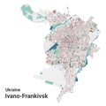Ivano-Frankivsk map, oblast center city in Ukraine. Municipal administrative area map with buildings, rivers and roads, parks and