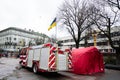 Ivano-Frankivsk, Ukraine - March, 2023: Point of invincibility. Red tent with fire rescue car in the city center Royalty Free Stock Photo