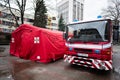 Ivano-Frankivsk, Ukraine - March, 2023: Point of invincibility. Red tent with fire rescue car in the city center Royalty Free Stock Photo