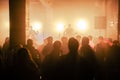 Rock show in the club. Musicians: guitarist and drummer on the stage. Crowd on the rock show.