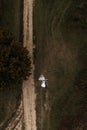 Ivano-Frankivsk, Ukraine September 30, 2021: bride and groom lie on the grass, top view of a couple of people. Royalty Free Stock Photo