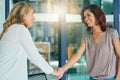 Ive heard so many good things...two businesspeople shaking hands in an office. Royalty Free Stock Photo