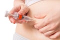 IVF and artificial insemination concept. Woman is injecting hormones to belly with syringe