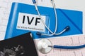 IVF (in vitro fertilisation concept). Blue folder with patient files