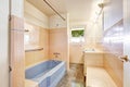 Ivory bathroom with blue bath tub