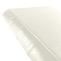 A ivory book stands on a white background