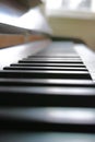 Ivory and ebony piano keys on musical instrument used by musician to create and play relaxing symphony or classical song