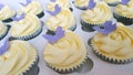 Ivory frosted cupcakes with purple butterflies Royalty Free Stock Photo