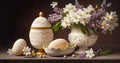 Ivory and lilac color tender Easter composition with tender flowers, elegant vase and white eggs. AI generative