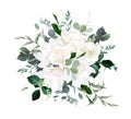 Ivory roses, white peony and magnolia, cedar, fern, eucalyptus vector design bouquet