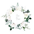 Ivory roses, white peony and magnolia, cedar, fern, eucalyptus vector design invitation frame