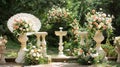 The ivorycolored podium stands tall against a backdrop of lush gardens and blooming flowers. Antique lace doilies and