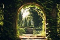 Ivy-covered arch framing a landscape watercolor