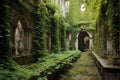 ivy-covered walls enclosing a monastery garden