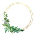 Ivy and eucalyptus elegant wreath watercolor illustration. Hand drawn delicate decorative wreath with golden circles.