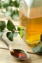 Ivy leaf and syrup in a bottle on a natural wooden table. Production of cough medicine with ivy extract. pharmaceutical industry Royalty Free Stock Photo