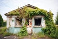 ivy overgrowth on a derelict cottage showing contrast of nature and architecture