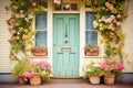 ivycovered cottage door surrounded by blooming spring flowers Royalty Free Stock Photo