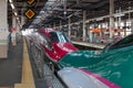 Iwate,Japan - April 27,2014 : The green E5 Series and the red E6 Series Shinkansen bullet train at Kitakami station Royalty Free Stock Photo