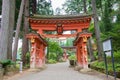 Torii at Takkoku-no-Iwaya Bisyamondo Hall in Hiraizumi, Iwate, Japan. The temple was founded by