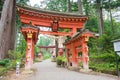 Torii at Takkoku-no-Iwaya Bisyamondo Hall in Hiraizumi, Iwate, Japan. The temple was founded by