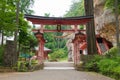 Torii at Takkoku-no-Iwaya Bisyamondo Hall in Hiraizumi, Iwate, Japan. The temple was founded by