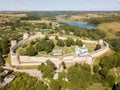 Izborsk medieval Russian fortress kremlin with a church. Aerial drone photo. Near Pskov, Russia. Birds eye view