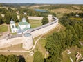 Izborsk medieval Russian fortress kremlin with a church. Aerial drone photo. Near Pskov, Russia. Birds eye view Royalty Free Stock Photo