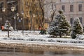 Izmail, Ukraine. February 2022. Janitors or sweepers cleaning city streets with showels from snow, snow removal