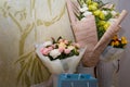 Izmail, Ukraine. June 2021. Festive flowers bouquets of white, pink and yellow roses for birthday or anniversary