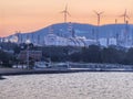 Izmir Aliaga oil refinery with spherical tank, sea bay and distillation towers