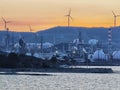 Izmir Aliaga oil refinery with spherical tank, sea bay and distillation towers