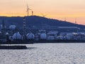 Izmir Aliaga oil refinery with spherical tank, sea bay and distillation towers