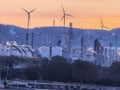 Izmir Aliaga oil refinery with spherical tank, sea bay and distillation towers