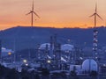 Izmir Aliaga oil refinery with spherical tank, sea bay and distillation towers