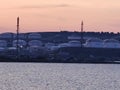 Izmir Aliaga oil refinery with spherical tank, sea bay and distillation towers