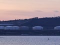 Izmir Aliaga oil refinery with spherical tank, sea bay and distillation towers