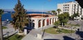 Izmir Cesme Castle, city side view from the castle walls, town hall, palm trees and holiday