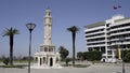 Clock tower of Izmir Turkey. Empty streets because of Coronavirus pandemi. People of is izmir is staying home