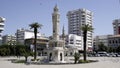 Clock tower of Izmir Turkey. Empty streets because of Coronavirus pandemi. People of is izmir is staying home