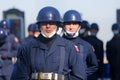 Turkish Airforce Soldiers with helmets and blue uniform are waiting in line. Victory day of Turkey